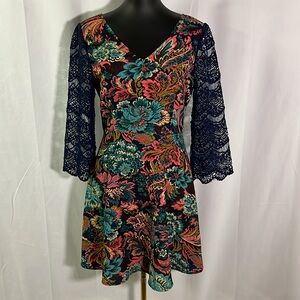 Miss Me Floral Tapestry Print Double V-Neck Crochet Sleeve Linen Mini Dress